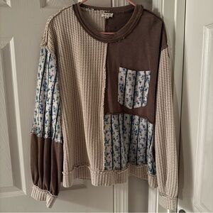 POL Textured Knit Sweater in Brown and Cream